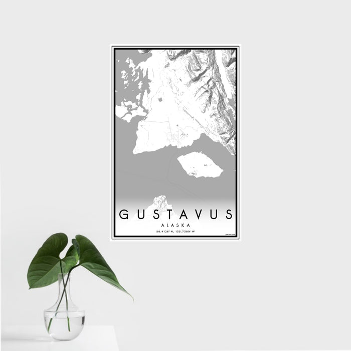 16x24 Gustavus Alaska Map Print Portrait Orientation in Classic Style With Tropical Plant Leaves in Water