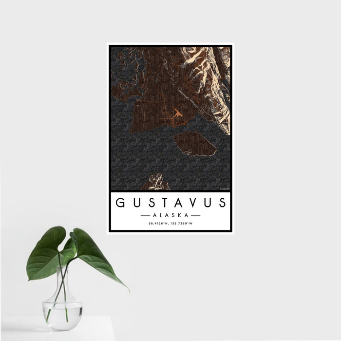 16x24 Gustavus Alaska Map Print Portrait Orientation in Ember Style With Tropical Plant Leaves in Water