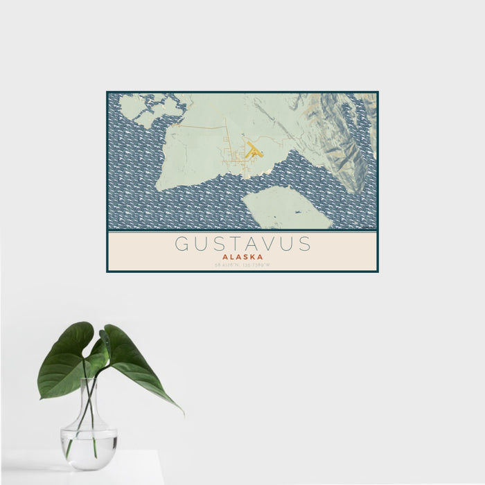 16x24 Gustavus Alaska Map Print Landscape Orientation in Woodblock Style With Tropical Plant Leaves in Water