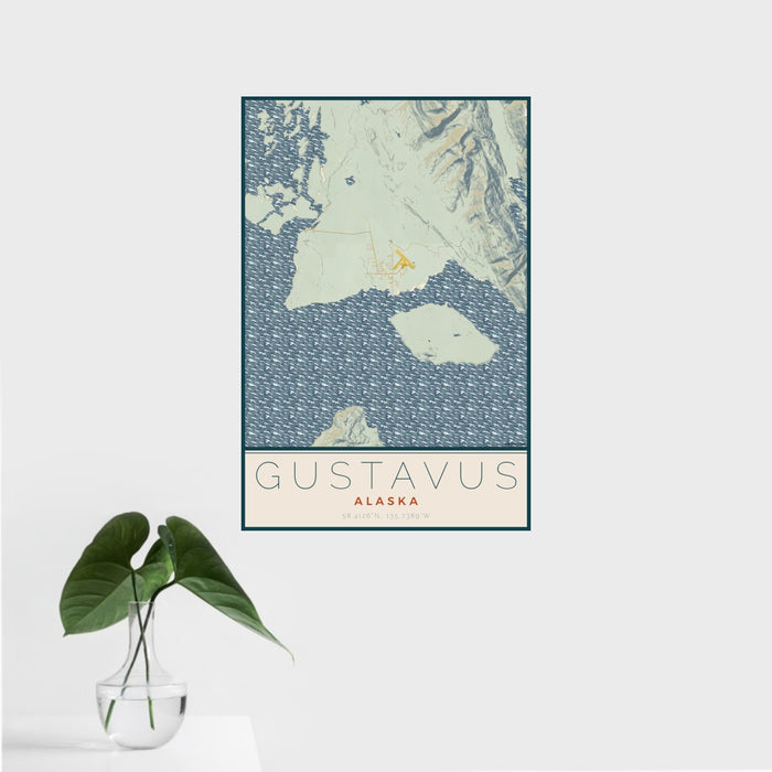 16x24 Gustavus Alaska Map Print Portrait Orientation in Woodblock Style With Tropical Plant Leaves in Water