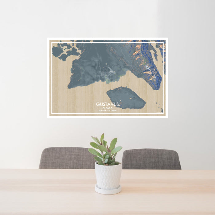 24x36 Gustavus Alaska Map Print Lanscape Orientation in Afternoon Style Behind 2 Chairs Table and Potted Plant