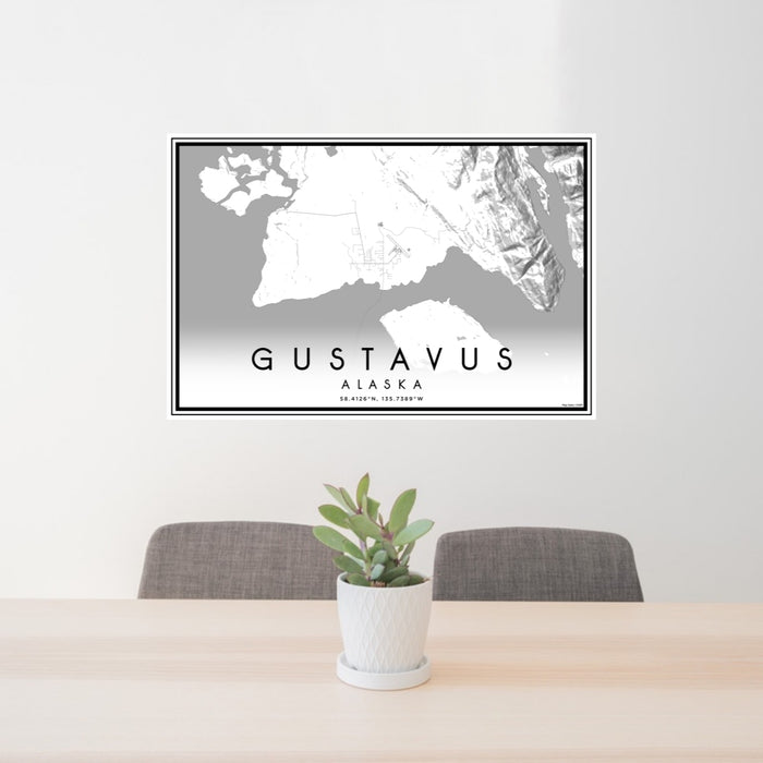 24x36 Gustavus Alaska Map Print Lanscape Orientation in Classic Style Behind 2 Chairs Table and Potted Plant