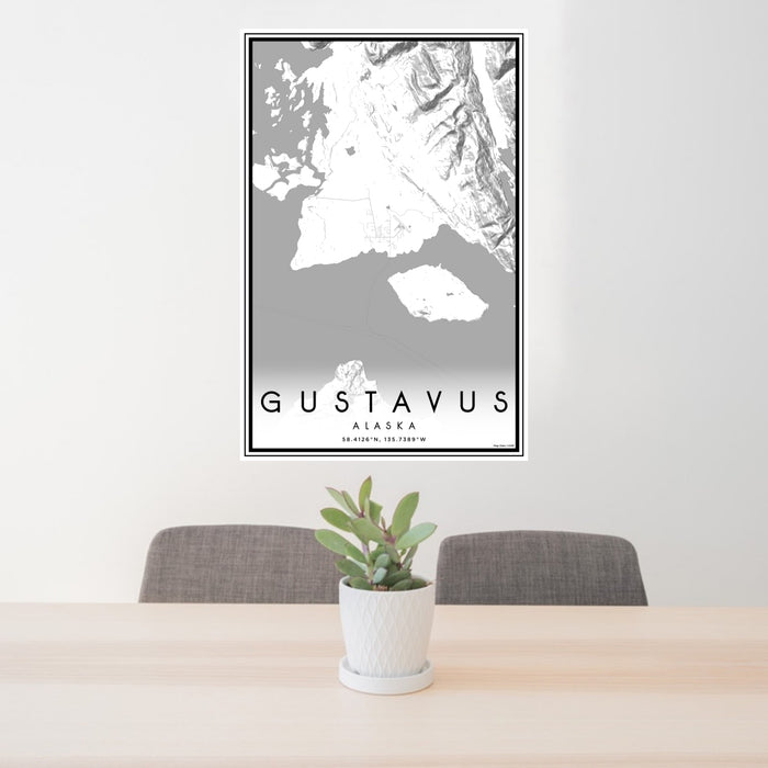 24x36 Gustavus Alaska Map Print Portrait Orientation in Classic Style Behind 2 Chairs Table and Potted Plant