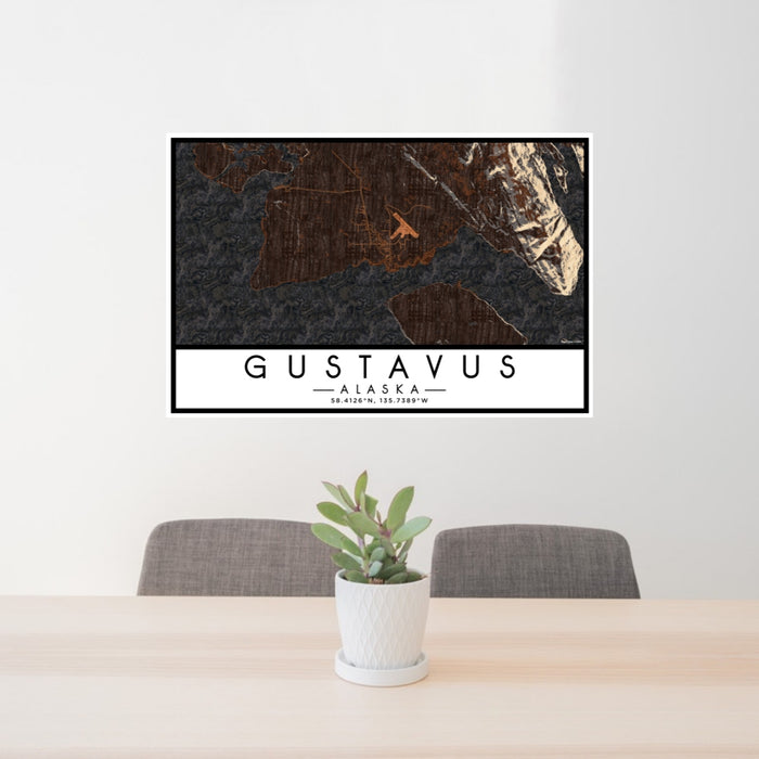 24x36 Gustavus Alaska Map Print Lanscape Orientation in Ember Style Behind 2 Chairs Table and Potted Plant