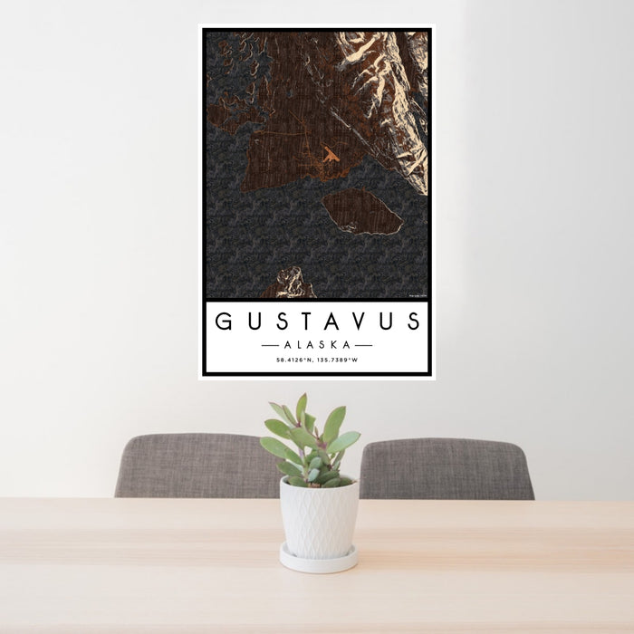 24x36 Gustavus Alaska Map Print Portrait Orientation in Ember Style Behind 2 Chairs Table and Potted Plant
