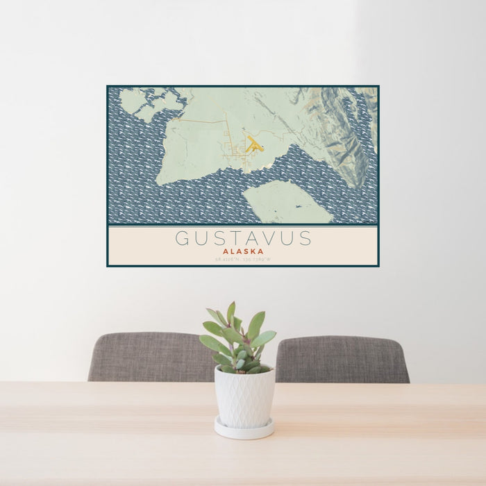 24x36 Gustavus Alaska Map Print Lanscape Orientation in Woodblock Style Behind 2 Chairs Table and Potted Plant