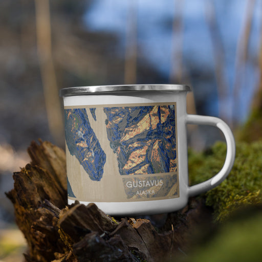 Right View Custom Gustavus Alaska Map Enamel Mug in Afternoon on Grass With Trees in Background