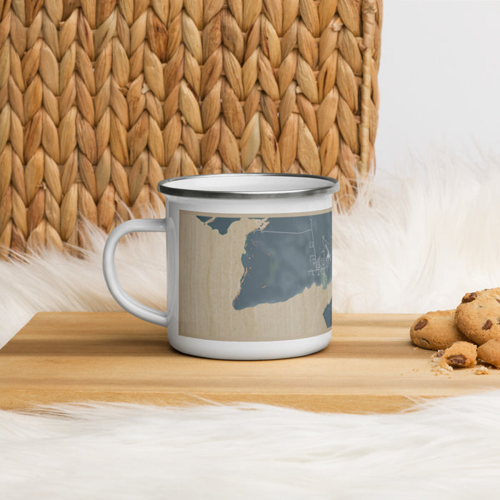 Left View Custom Gustavus Alaska Map Enamel Mug in Afternoon on Table Top