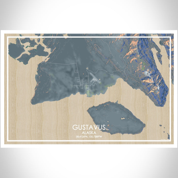Gustavus Alaska Map Print Landscape Orientation in Afternoon Style With Shaded Background