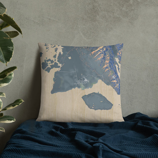 Custom Gustavus Alaska Map Throw Pillow in Afternoon on Bedding Against Wall