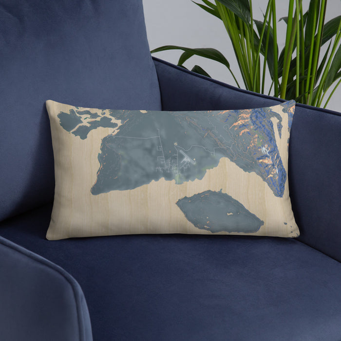 Custom Gustavus Alaska Map Throw Pillow in Afternoon on Blue Colored Chair