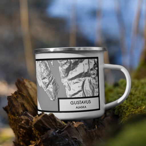 Right View Custom Gustavus Alaska Map Enamel Mug in Classic on Grass With Trees in Background