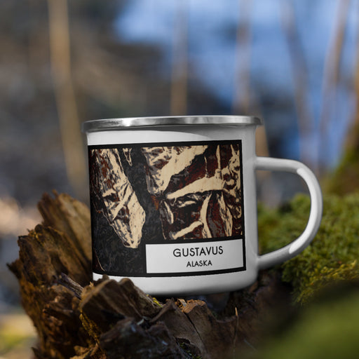 Right View Custom Gustavus Alaska Map Enamel Mug in Ember on Grass With Trees in Background