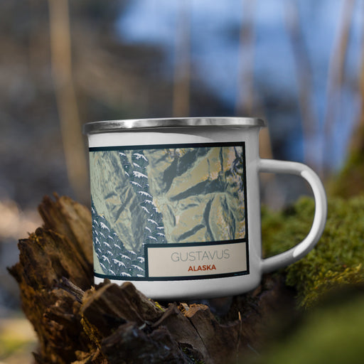 Right View Custom Gustavus Alaska Map Enamel Mug in Woodblock on Grass With Trees in Background
