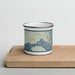 Front View Custom Gustavus Alaska Map Enamel Mug in Woodblock on Cutting Board