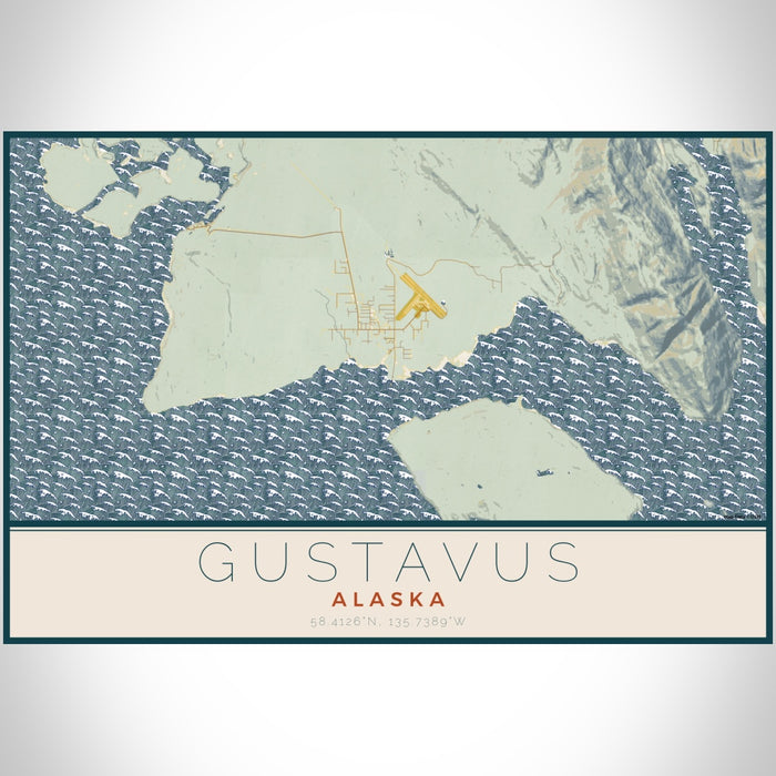 Gustavus Alaska Map Print Landscape Orientation in Woodblock Style With Shaded Background