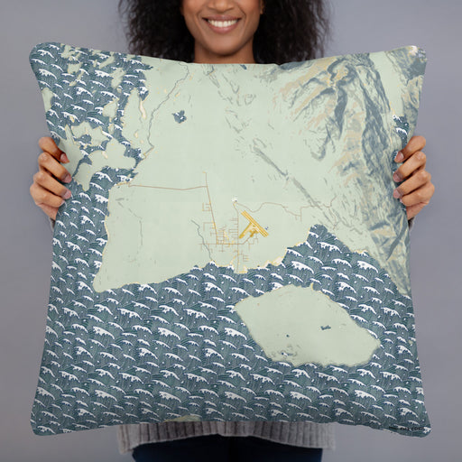 Person holding 22x22 Custom Gustavus Alaska Map Throw Pillow in Woodblock