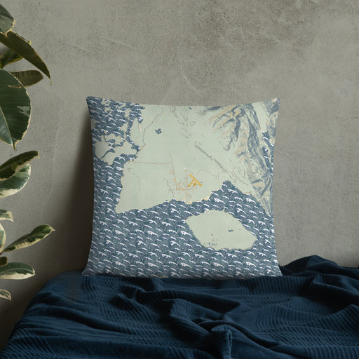 Custom Gustavus Alaska Map Throw Pillow in Woodblock on Bedding Against Wall