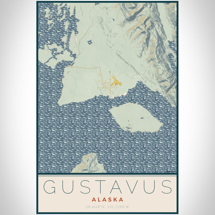 Gustavus Alaska Map Print Portrait Orientation in Woodblock Style With Shaded Background