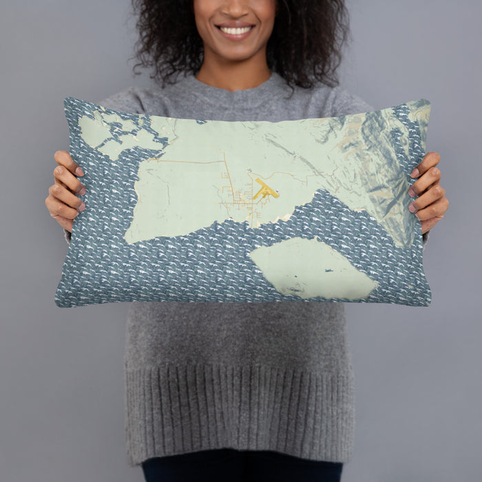 Person holding 20x12 Custom Gustavus Alaska Map Throw Pillow in Woodblock