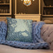 Custom Gustavus Alaska Map Throw Pillow in Woodblock on Cream Colored Couch