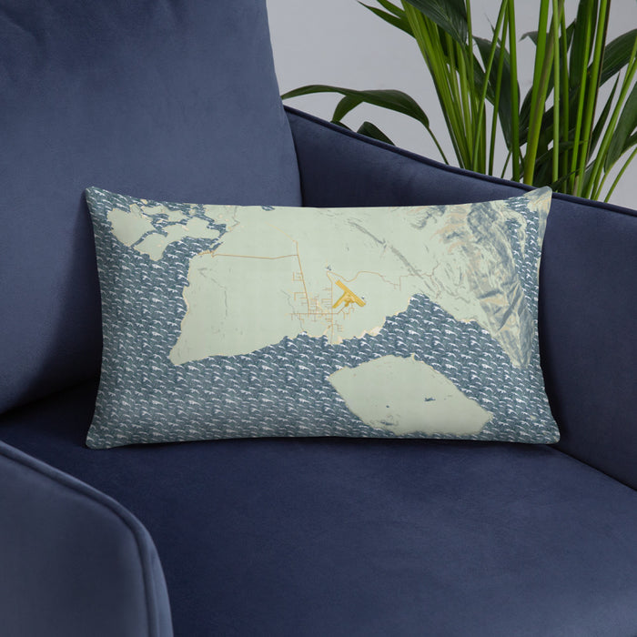 Custom Gustavus Alaska Map Throw Pillow in Woodblock on Blue Colored Chair