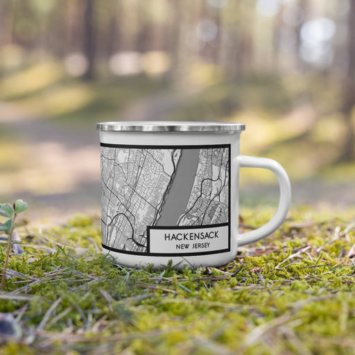 Right View Custom Hackensack New Jersey Map Enamel Mug in Classic on Grass With Trees in Background