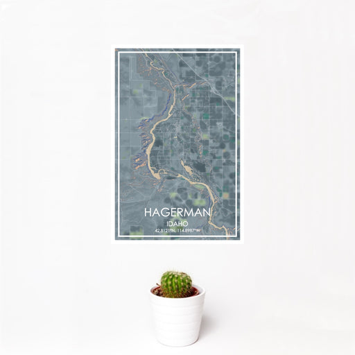 12x18 Hagerman Idaho Map Print Portrait Orientation in Afternoon Style With Small Cactus Plant in White Planter