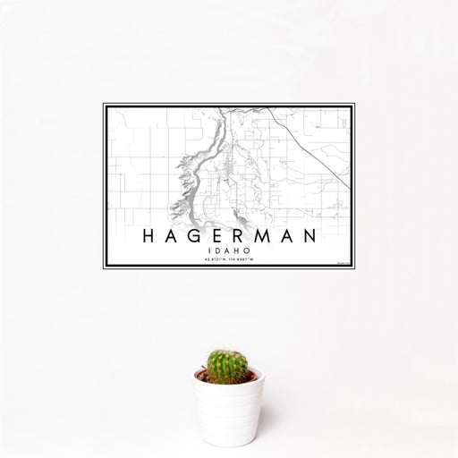 12x18 Hagerman Idaho Map Print Landscape Orientation in Classic Style With Small Cactus Plant in White Planter