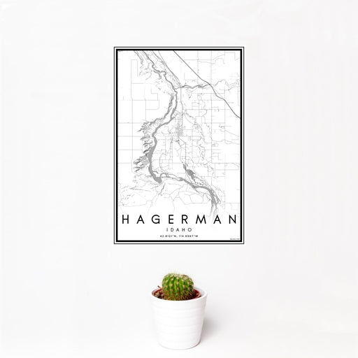 12x18 Hagerman Idaho Map Print Portrait Orientation in Classic Style With Small Cactus Plant in White Planter