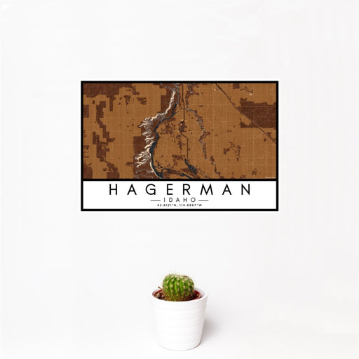 12x18 Hagerman Idaho Map Print Landscape Orientation in Ember Style With Small Cactus Plant in White Planter