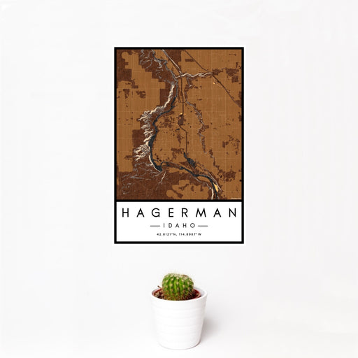 12x18 Hagerman Idaho Map Print Portrait Orientation in Ember Style With Small Cactus Plant in White Planter