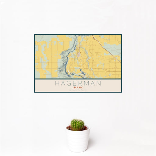 12x18 Hagerman Idaho Map Print Landscape Orientation in Woodblock Style With Small Cactus Plant in White Planter