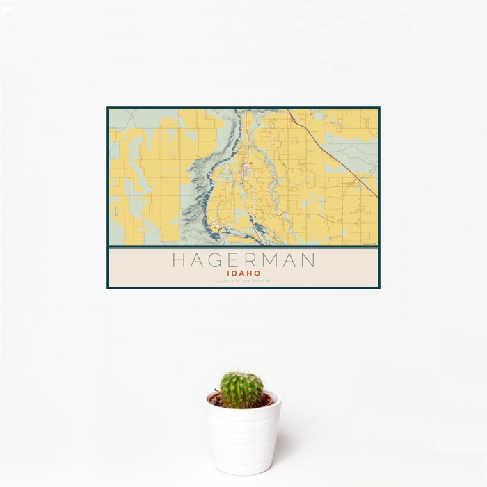 12x18 Hagerman Idaho Map Print Landscape Orientation in Woodblock Style With Small Cactus Plant in White Planter