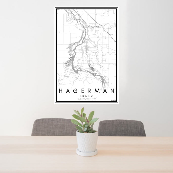 24x36 Hagerman Idaho Map Print Portrait Orientation in Classic Style Behind 2 Chairs Table and Potted Plant