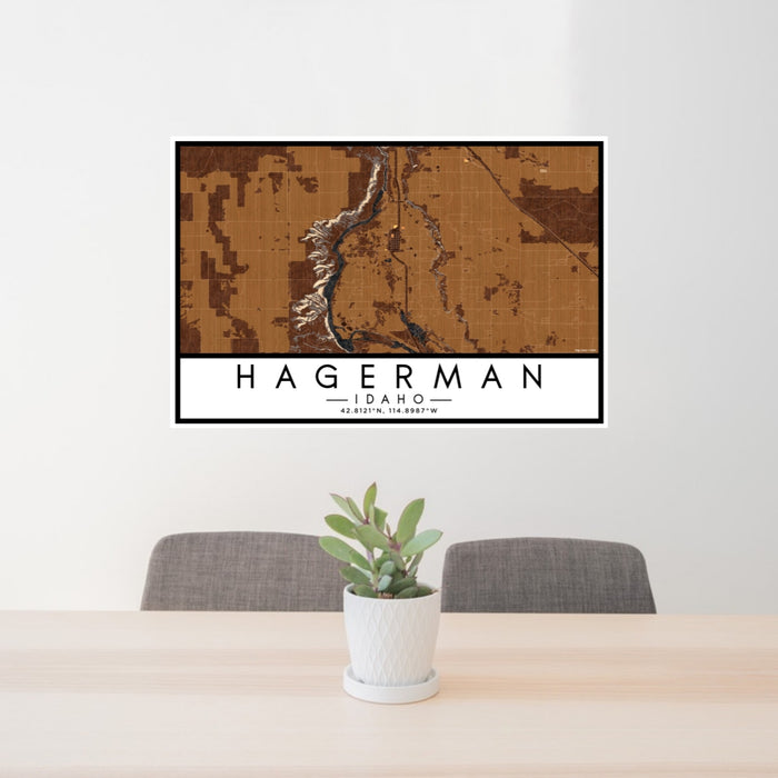 24x36 Hagerman Idaho Map Print Lanscape Orientation in Ember Style Behind 2 Chairs Table and Potted Plant