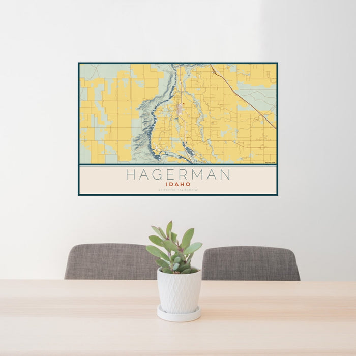 24x36 Hagerman Idaho Map Print Lanscape Orientation in Woodblock Style Behind 2 Chairs Table and Potted Plant
