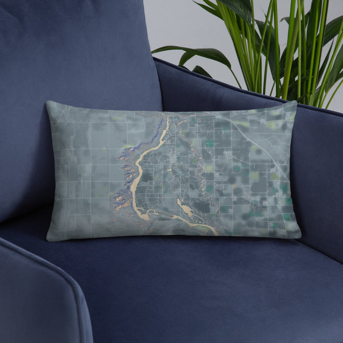 Custom Hagerman Idaho Map Throw Pillow in Afternoon on Blue Colored Chair