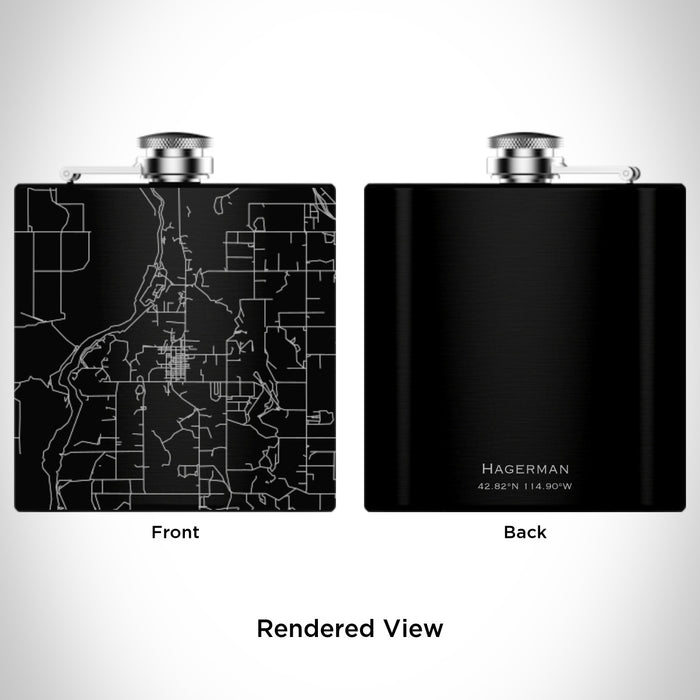 Rendered View of Hagerman Idaho Map Engraving on 6oz Stainless Steel Flask in Black