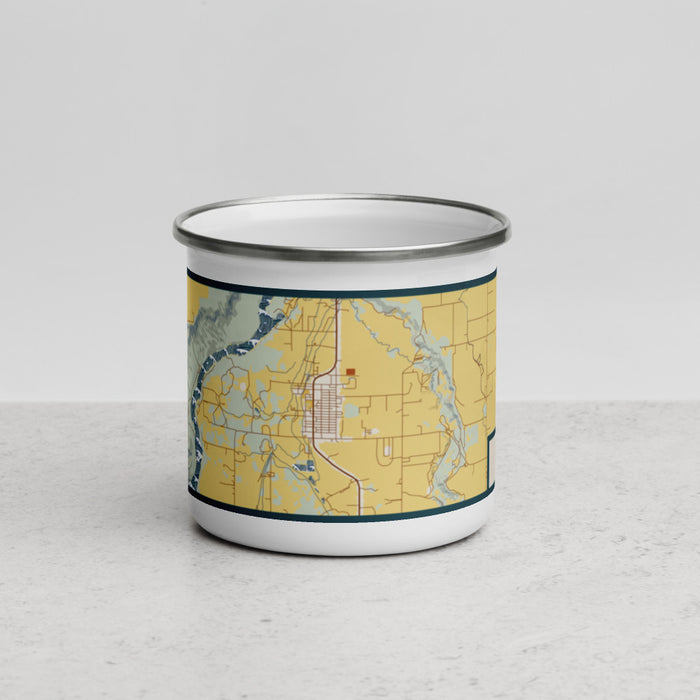 Front View Custom Hagerman Idaho Map Enamel Mug in Woodblock
