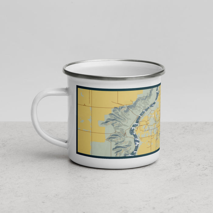 Left View Custom Hagerman Idaho Map Enamel Mug in Woodblock