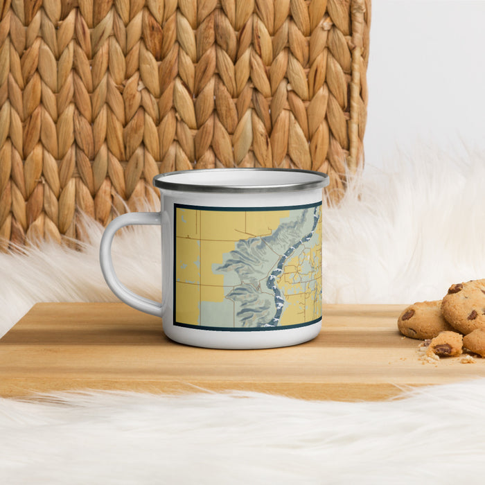 Left View Custom Hagerman Idaho Map Enamel Mug in Woodblock on Table Top
