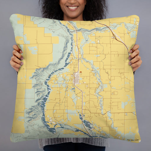 Person holding 22x22 Custom Hagerman Idaho Map Throw Pillow in Woodblock