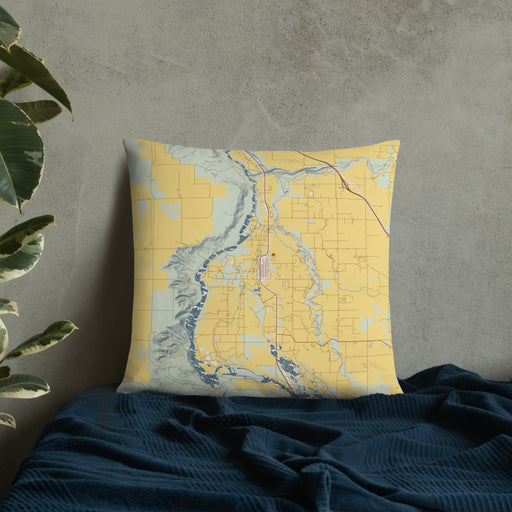 Custom Hagerman Idaho Map Throw Pillow in Woodblock on Bedding Against Wall