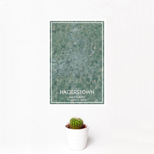 12x18 Hagerstown Maryland Map Print Portrait Orientation in Afternoon Style With Small Cactus Plant in White Planter