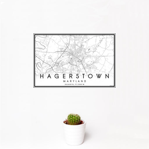 12x18 Hagerstown Maryland Map Print Landscape Orientation in Classic Style With Small Cactus Plant in White Planter