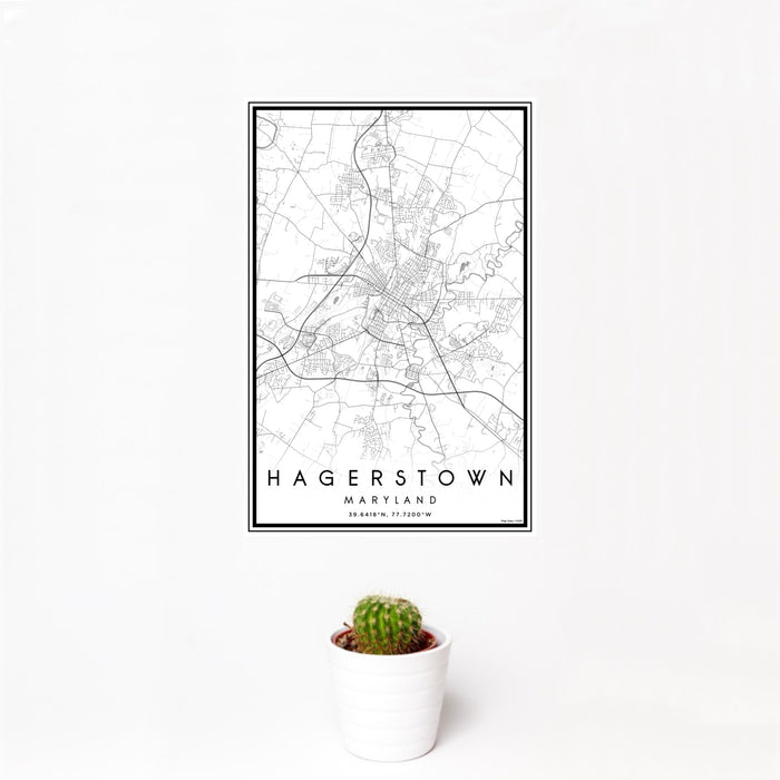 12x18 Hagerstown Maryland Map Print Portrait Orientation in Classic Style With Small Cactus Plant in White Planter