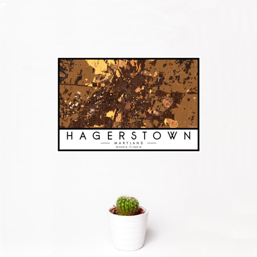 12x18 Hagerstown Maryland Map Print Landscape Orientation in Ember Style With Small Cactus Plant in White Planter