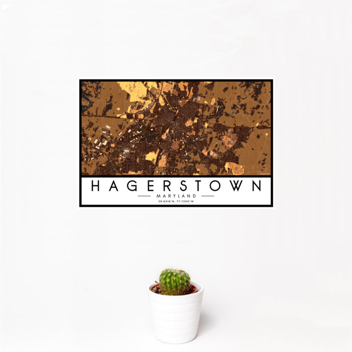 12x18 Hagerstown Maryland Map Print Landscape Orientation in Ember Style With Small Cactus Plant in White Planter