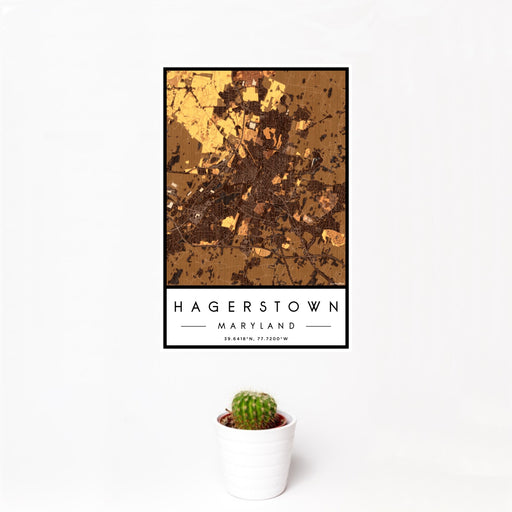 12x18 Hagerstown Maryland Map Print Portrait Orientation in Ember Style With Small Cactus Plant in White Planter